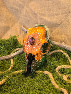 Kauriin kallo, joka on huolellisesti käsitelty ja koristeellisesti maalattu. Siihen on upotettu dragon's eye kivi.