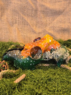 Kauriin kallo, joka on huolellisesti käsitelty ja koristeellisesti maalattu. Siihen on upotettu dragon's eye kivi.