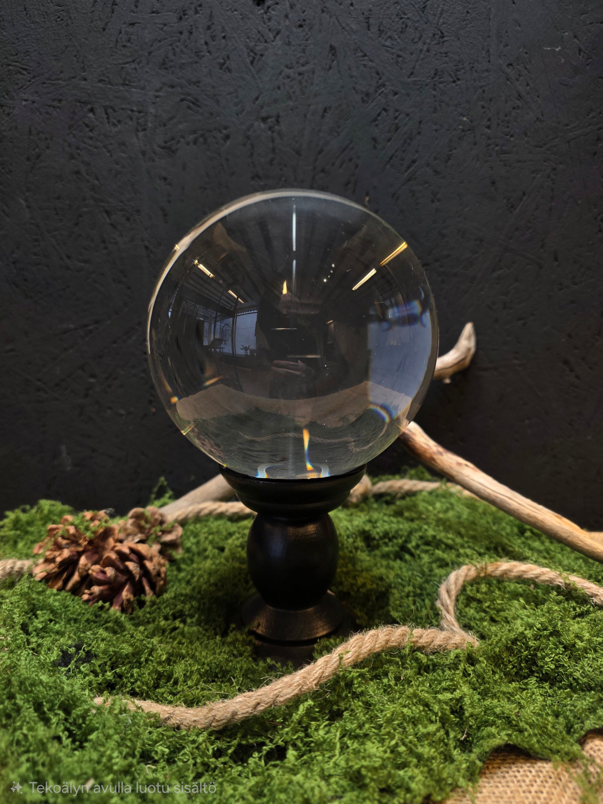 Iso kirkas kristallipallo puisella mustalla jalustalla.