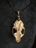 Minkinkallosta valmistettu näyttävä amuletti, jossa labradoriittihelmiä. Kallo on koristeltu perhoskuviolla. Kallo takaa.