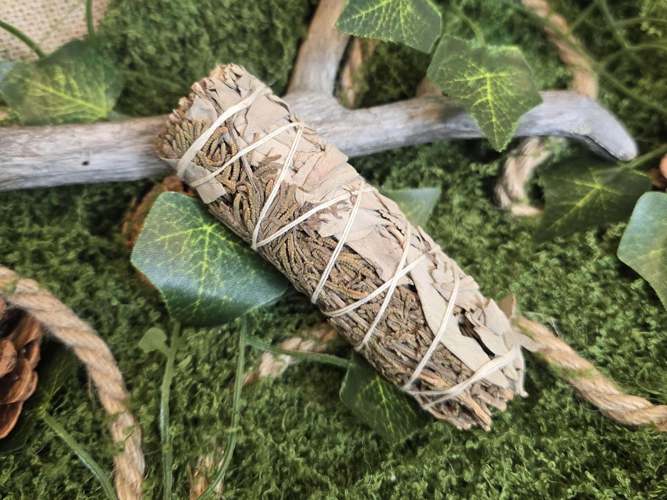 Suitsukekimppu, jossa valkosalviaa ja laventelia. 