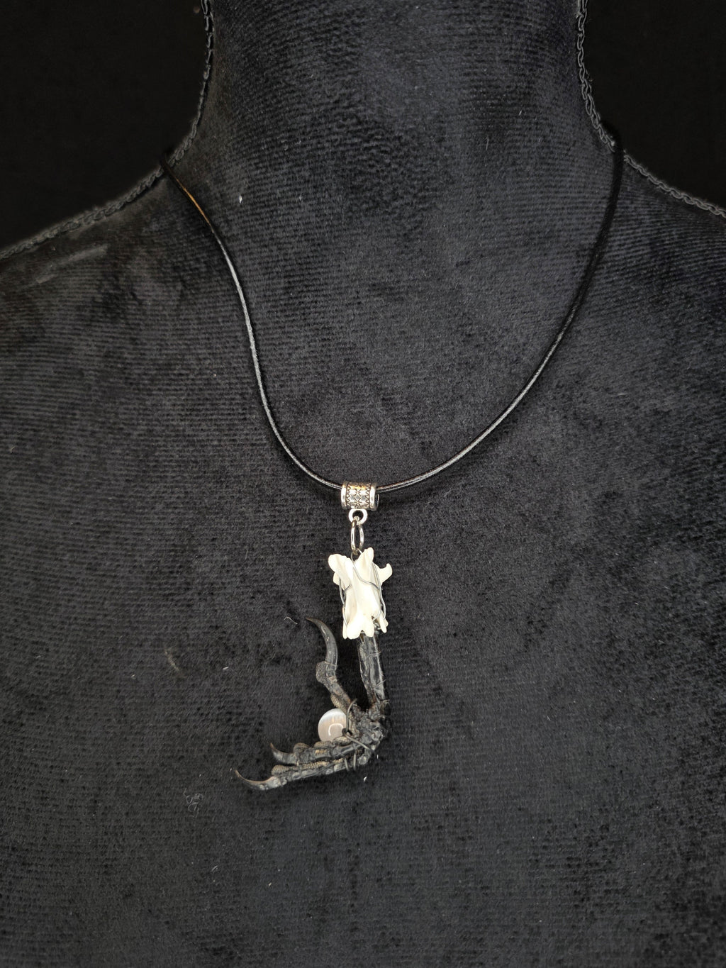 Kaulakoru, jossa naakan jalka pitelee kuukivihelmeä. Koristettu myös supikoiran nikamaluulla. 