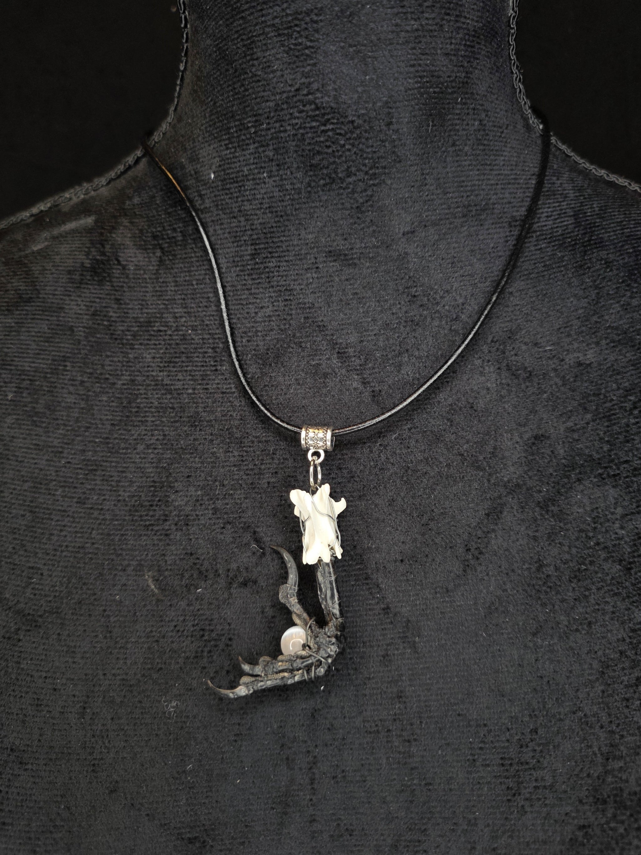 Kaulakoru, jossa naakan jalka pitelee kuukivihelmeä. Koristettu myös supikoiran nikamaluulla. 