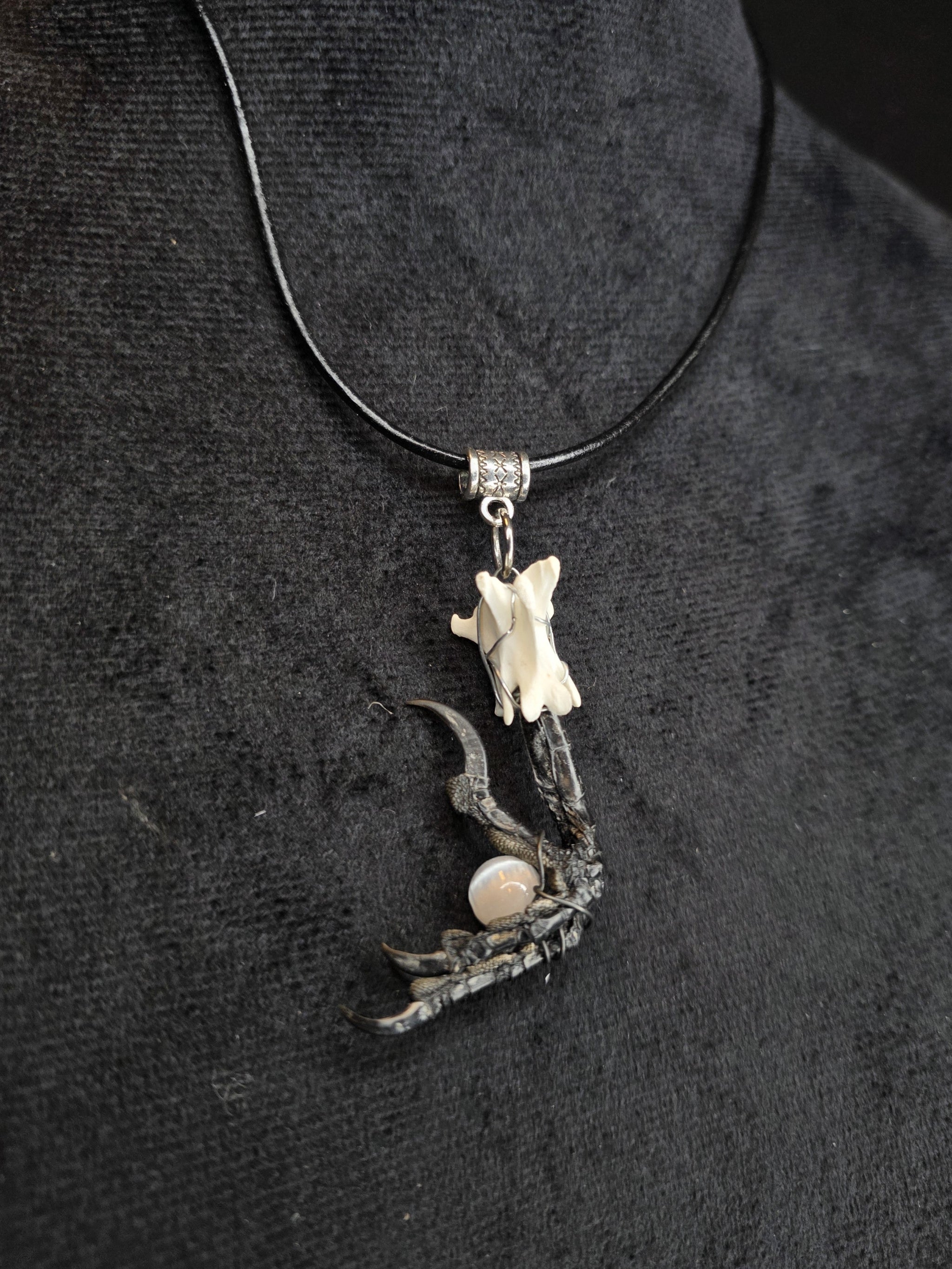 Kaulakoru, jossa naakan jalka pitelee kuukivihelmeä. Koristettu myös supikoiran nikamaluulla. Lähikuva.